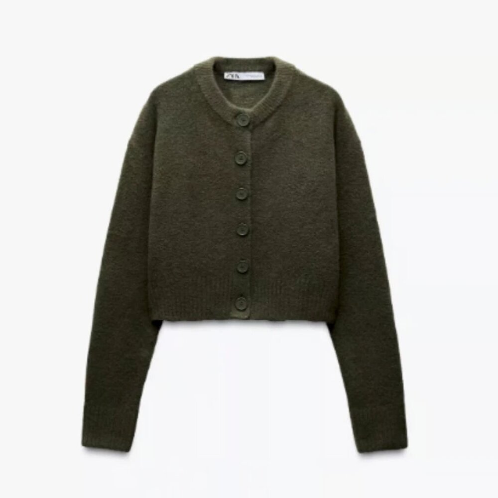 NWOT Zara Soft Knit Cardigan Army Green Button Front Sweater Large - Picture 2 of 11